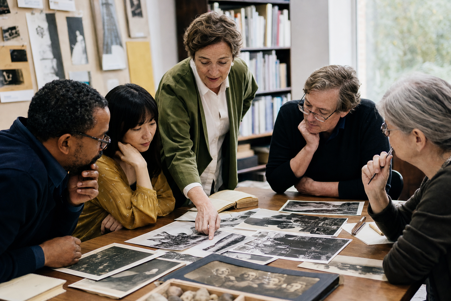 Volwassen cursisten bespreken historische foto’s rond een houten tafel