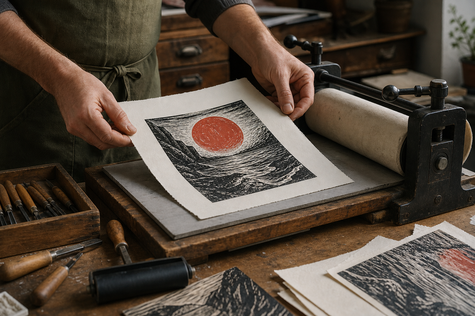 Grafisch kunstenaar tilt een verse afdruk van een handpers in een atelier