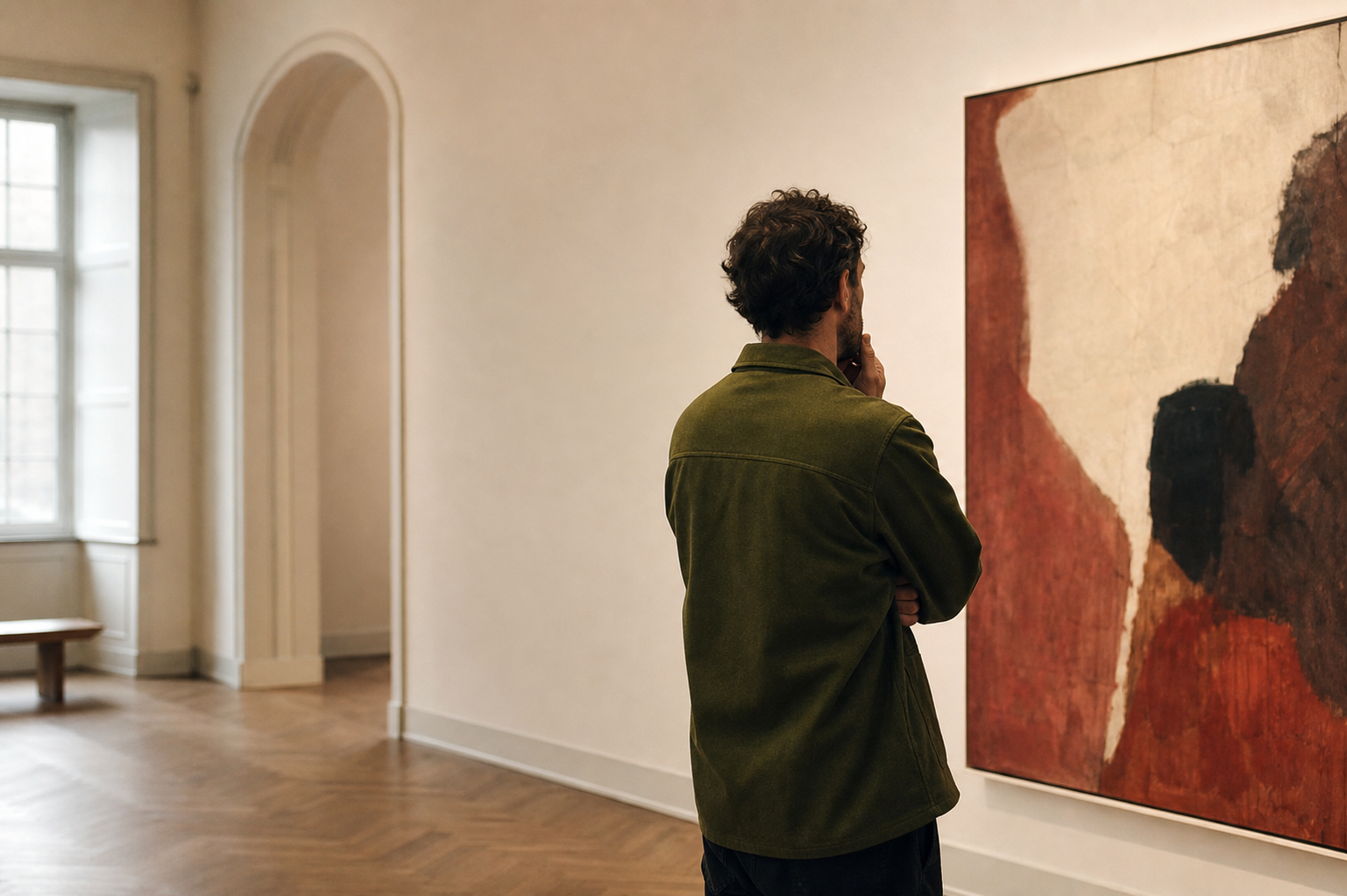 Bezoeker in een museum kijkt aandachtig naar een groot abstract schilderij